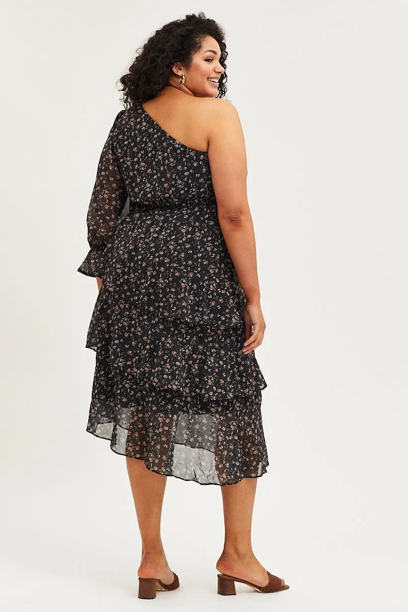 The maxi length of this dress provides full coverage while still maintaining a lightweight feel Still Lake Geo Print One Sleeve Floral Midi Dress