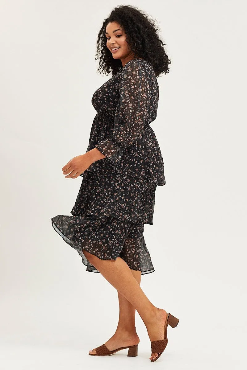 Sapphire Glow Geo Print One Sleeve Floral Midi Dress