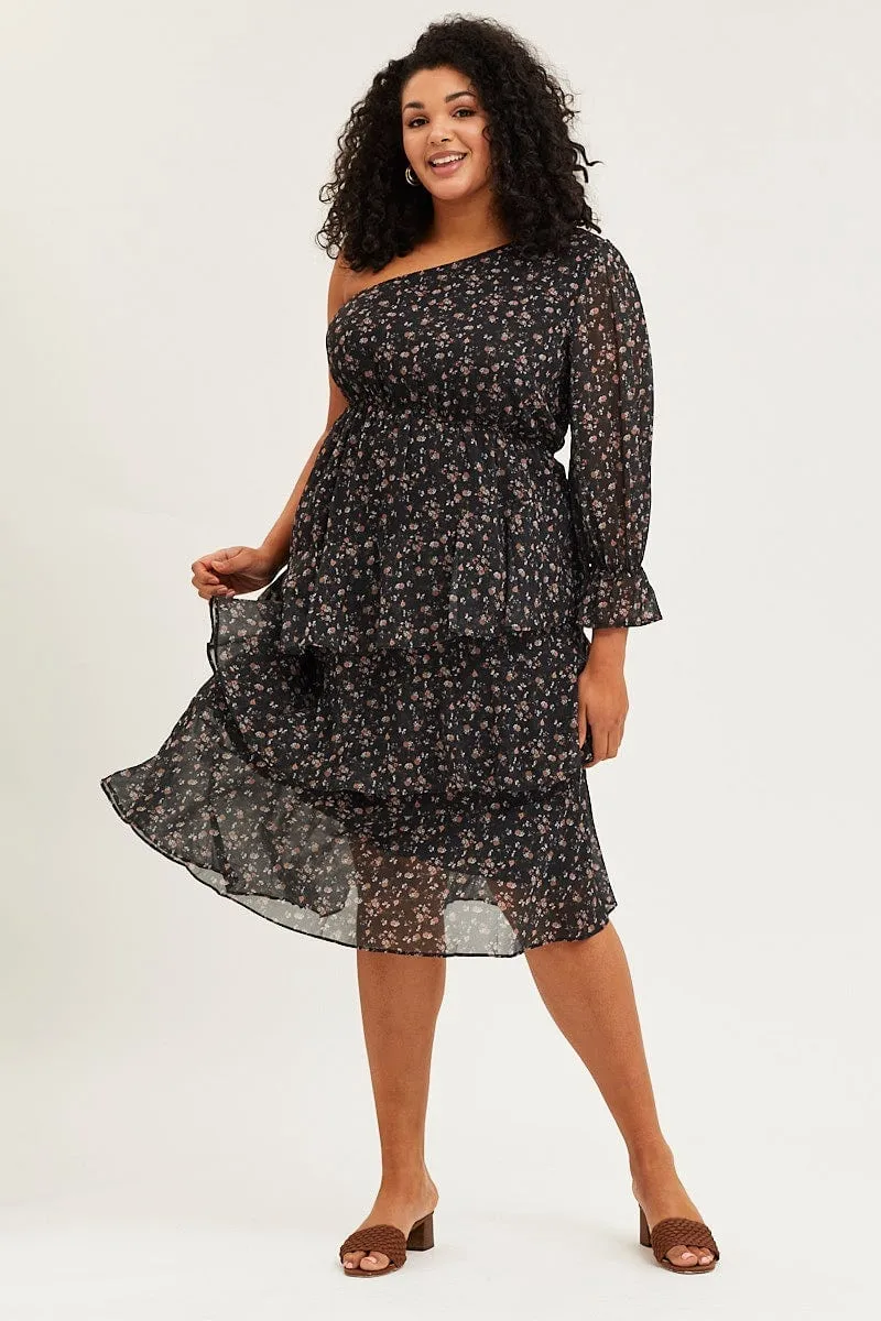 Geo Print One Sleeve Floral Midi Dress french chic