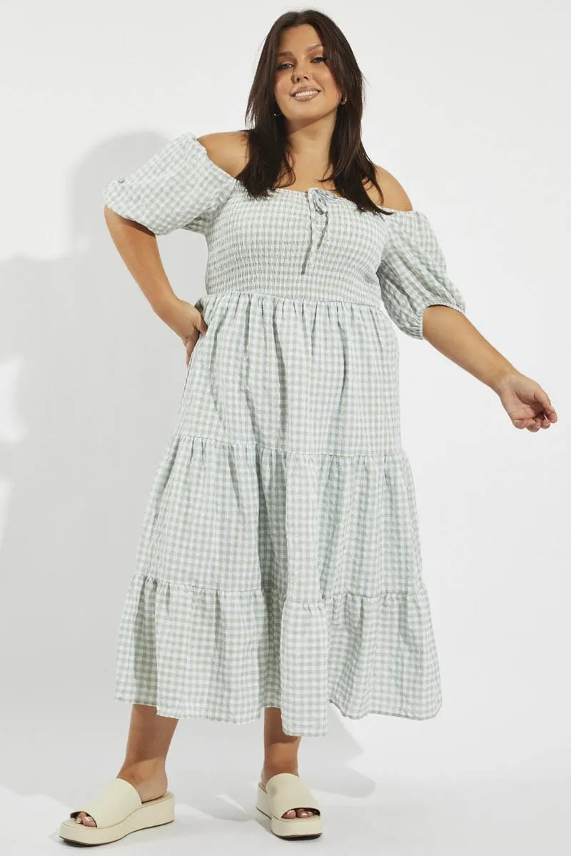 Purple Mist Green Check Maxi Dress Short Sleeve Shirred