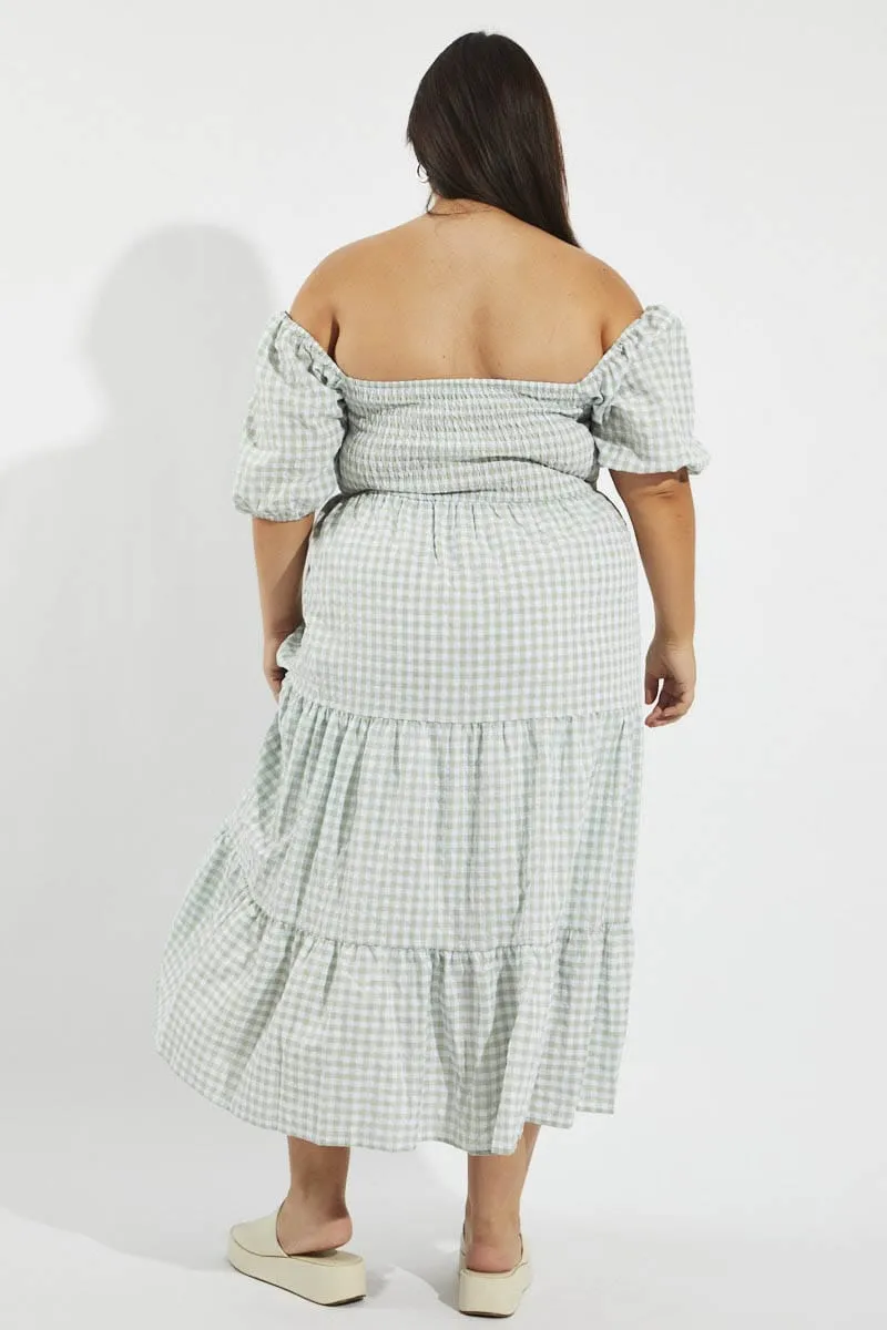 Green Check Maxi Dress Short Sleeve Shirred Silver Shine Ruby Shine