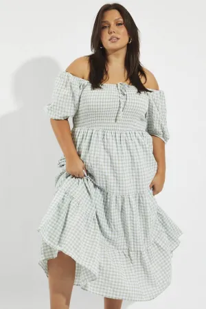 Comfortable evening wear Desert Light Green Check Maxi Dress Short Sleeve Shirred