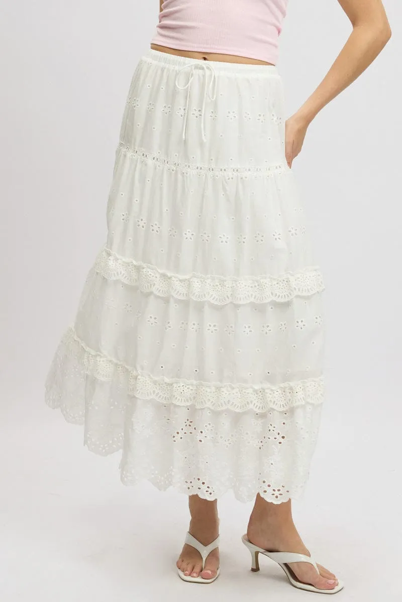 Draped Design White Maxi Skirt High Waisted Tiered Broidery Eyelet