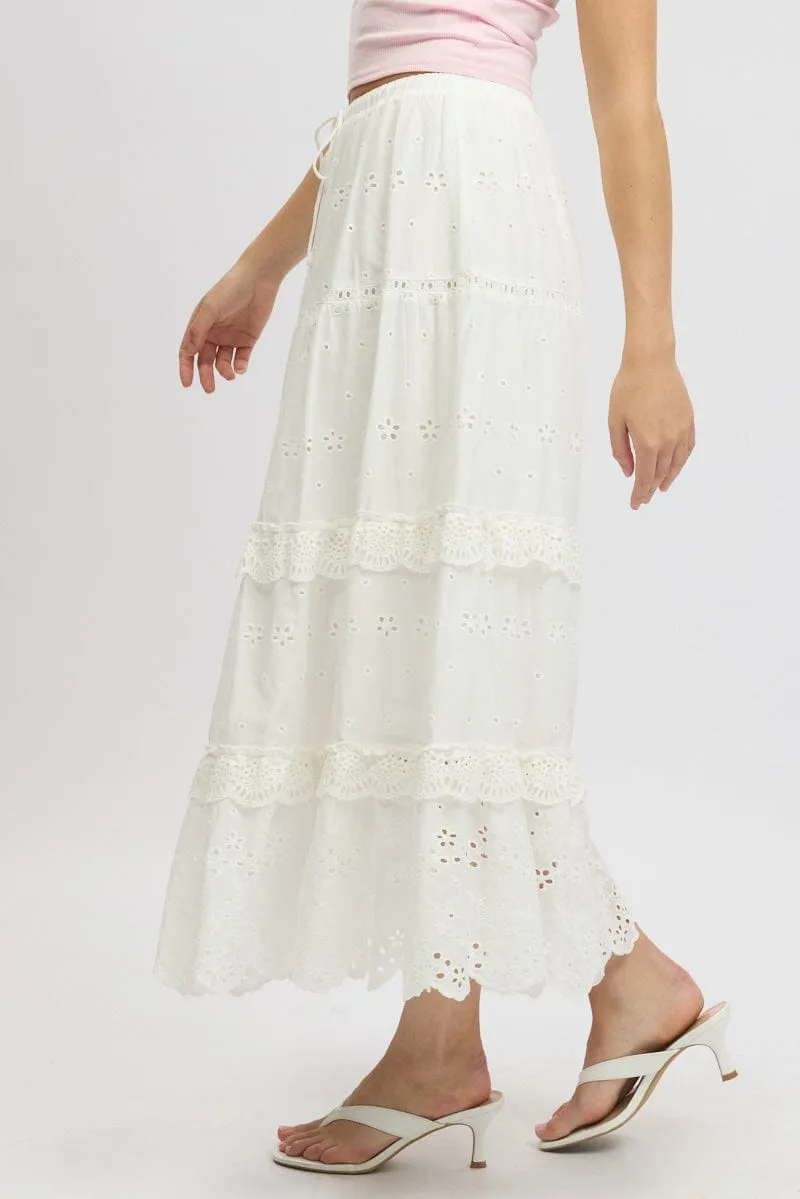 Bold Mood Maximalist look White Maxi Skirt High Waisted Tiered Broidery Eyelet