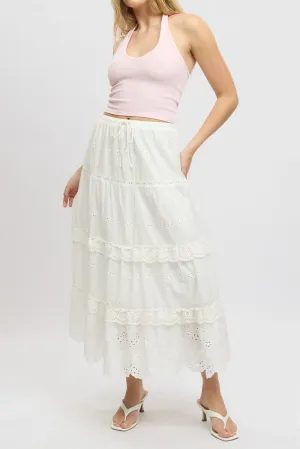 City Look Classic Comfort White Maxi Skirt High Waisted Tiered Broidery Eyelet
