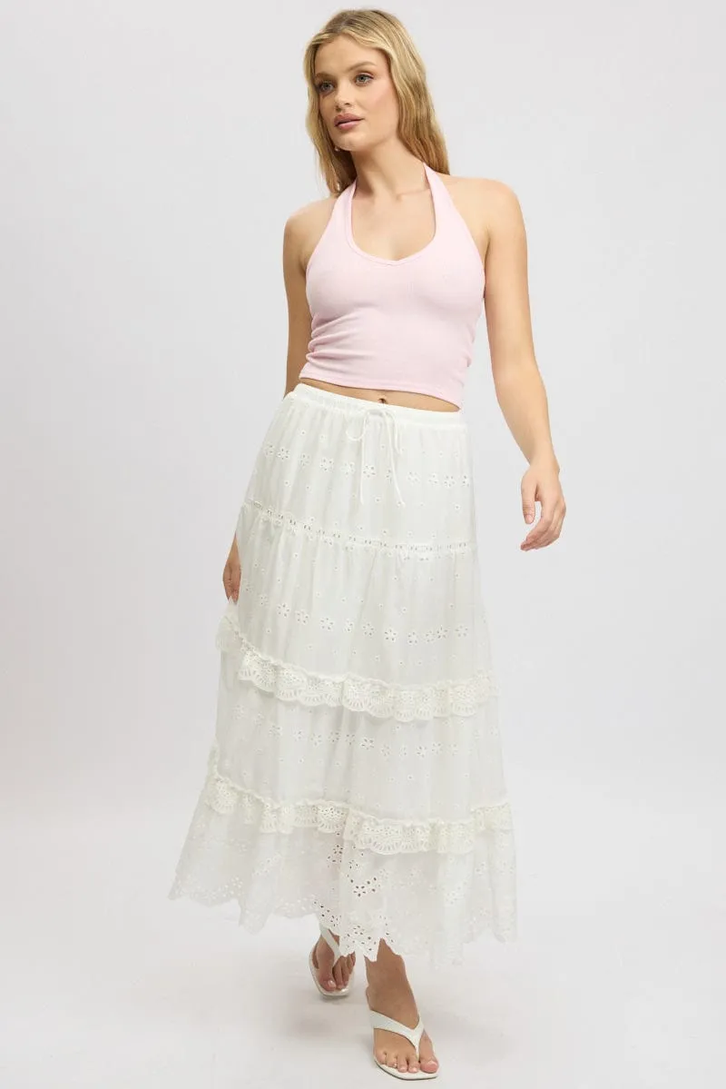 Light Outfit White Maxi Skirt High Waisted Tiered Broidery Eyelet