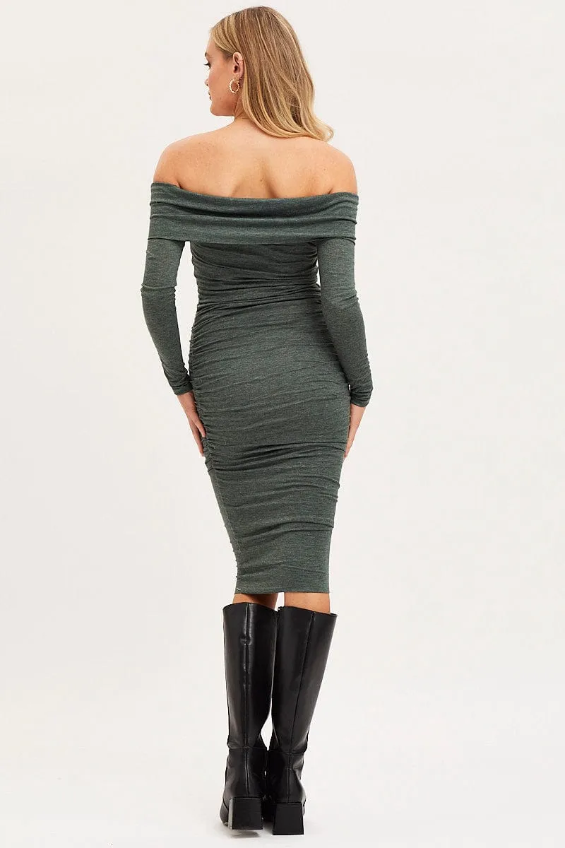 Market Day Flattering Outfit Green Dress Off Shoulder Midi