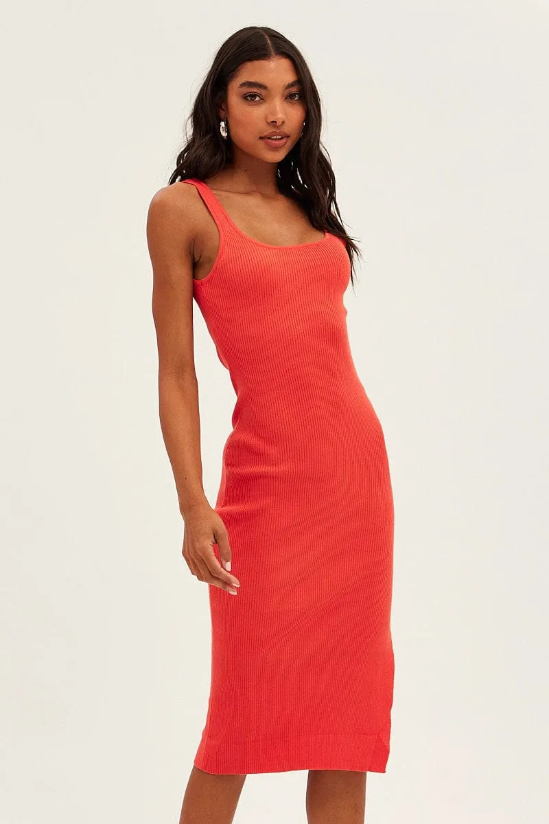 Wood Deck Orange Midi Dress Bodycon Round Neck Ribbed Knit