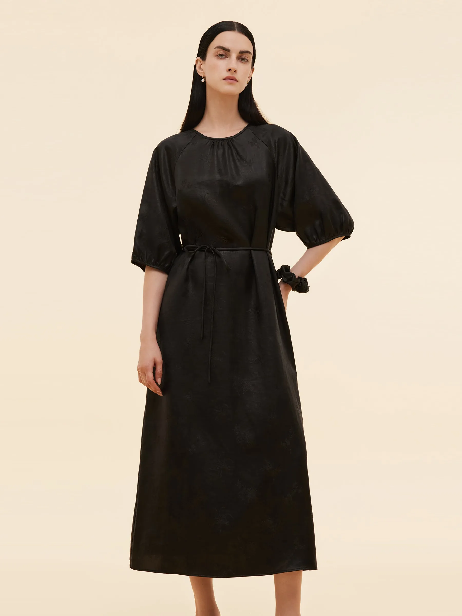 Relaxed Outfit 19MM Xiang Yun Silk Jacquard Women Self-Tie Belt Maxi Dress