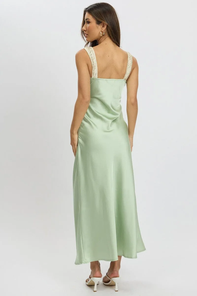 All Season Style Contemporary Wear Green Midi Dress Elasticated Shoulder Strap Satin