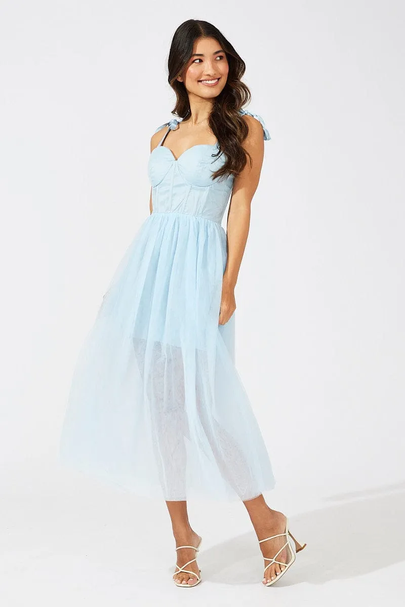Blue Midi Dress Tulle Corset Detail Occasion Dress Daily Comfort