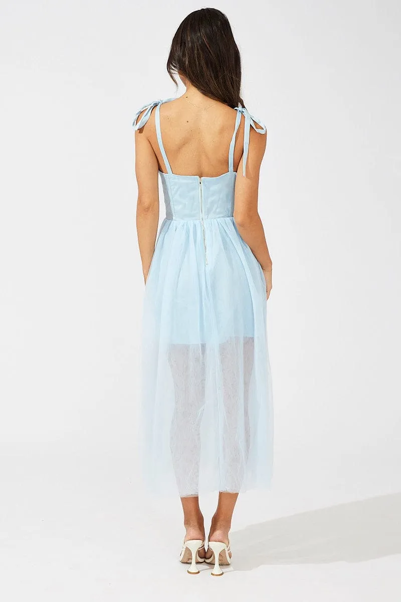 Contemporary Fashion Blue Midi Dress Tulle Corset Detail Occasion Dress