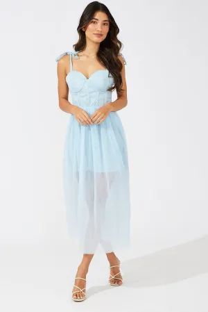 Airy Shape Blue Midi Dress Tulle Corset Detail Occasion Dress