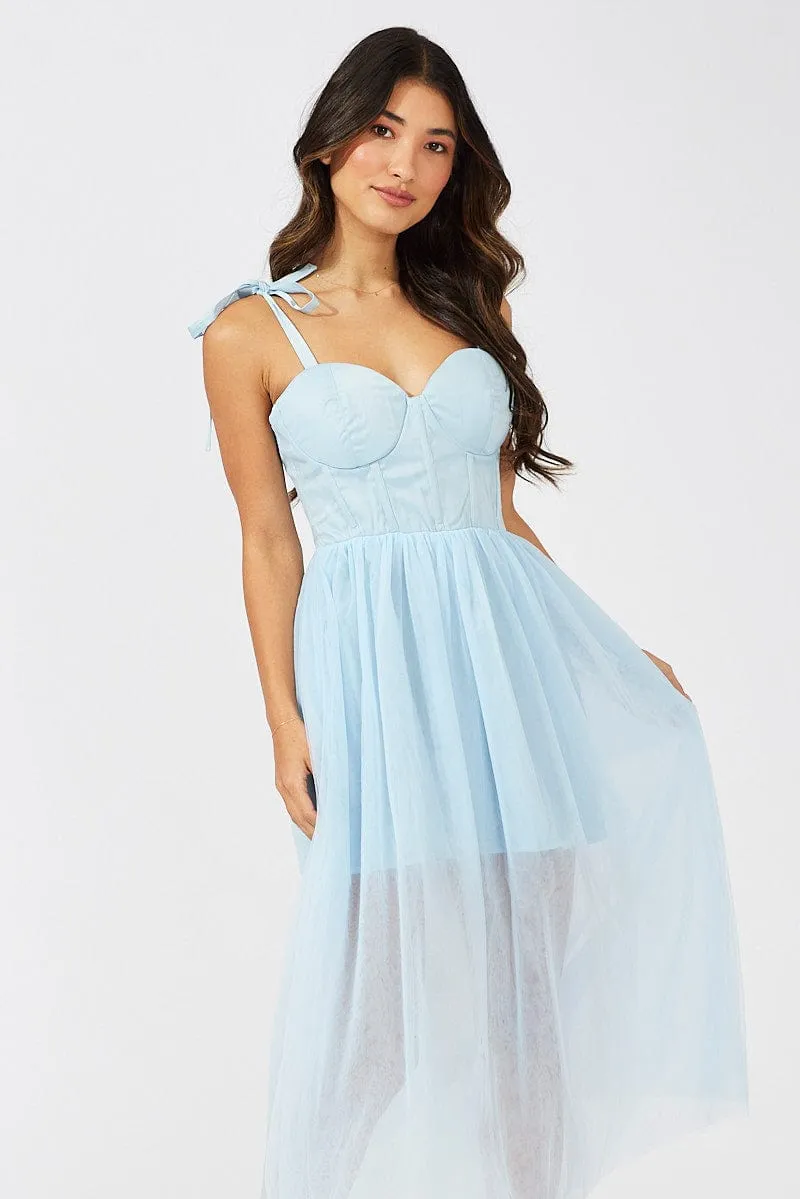 Blue Midi Dress Tulle Corset Detail Occasion Dress Fur Warm
