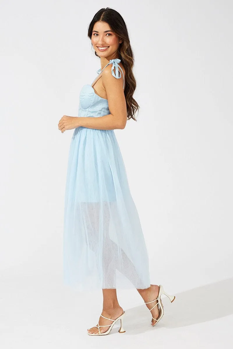 Blue Midi Dress Tulle Corset Detail Occasion Dress Market Day light layering