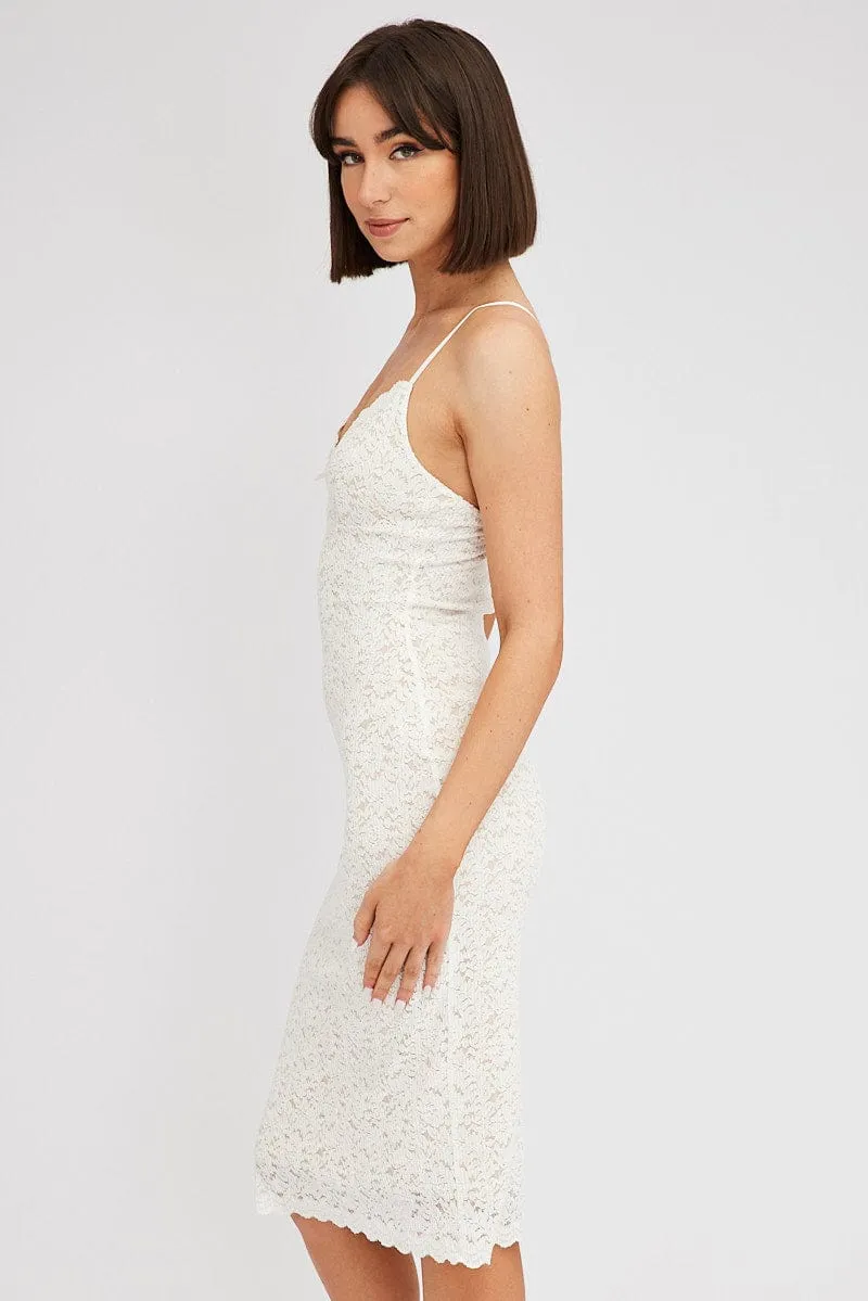 Palace View City Roof White Midi Dress Sleeveless V-Neck Bodycon Lace Stretch