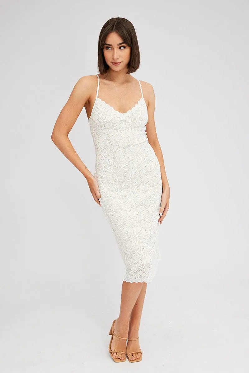 White Midi Dress Sleeveless V-Neck Bodycon Lace Stretch Autumn Stroll