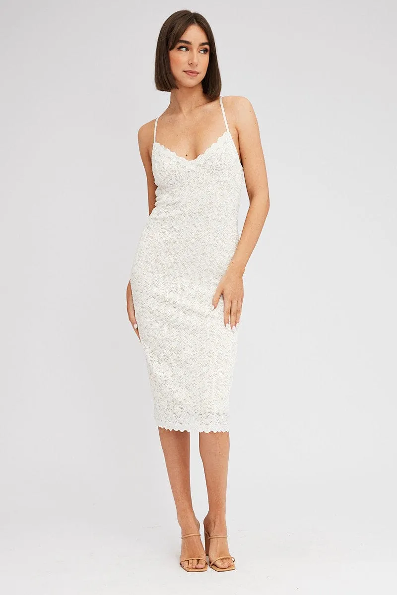 Low Maintenance Desert Sky White Midi Dress Sleeveless V-Neck Bodycon Lace Stretch