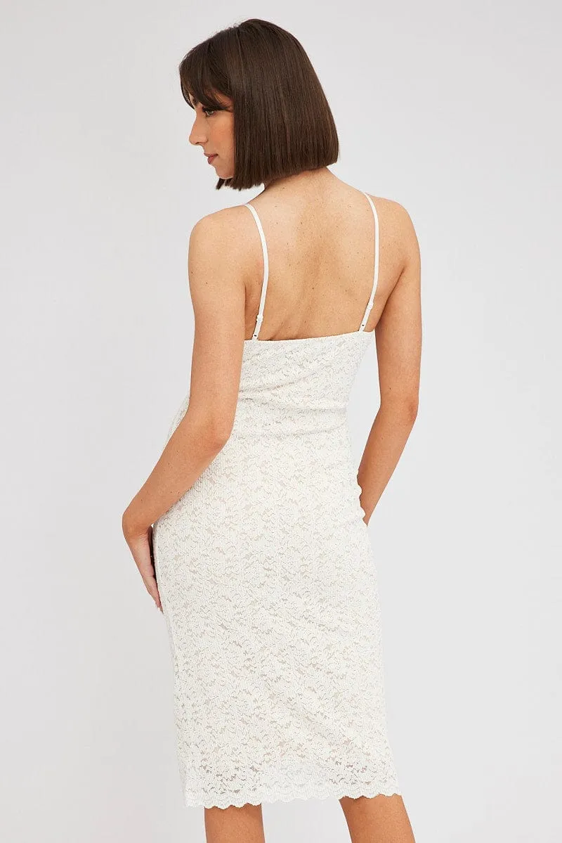 Walk Friendly Bridal Mood White Midi Dress Sleeveless V-Neck Bodycon Lace Stretch