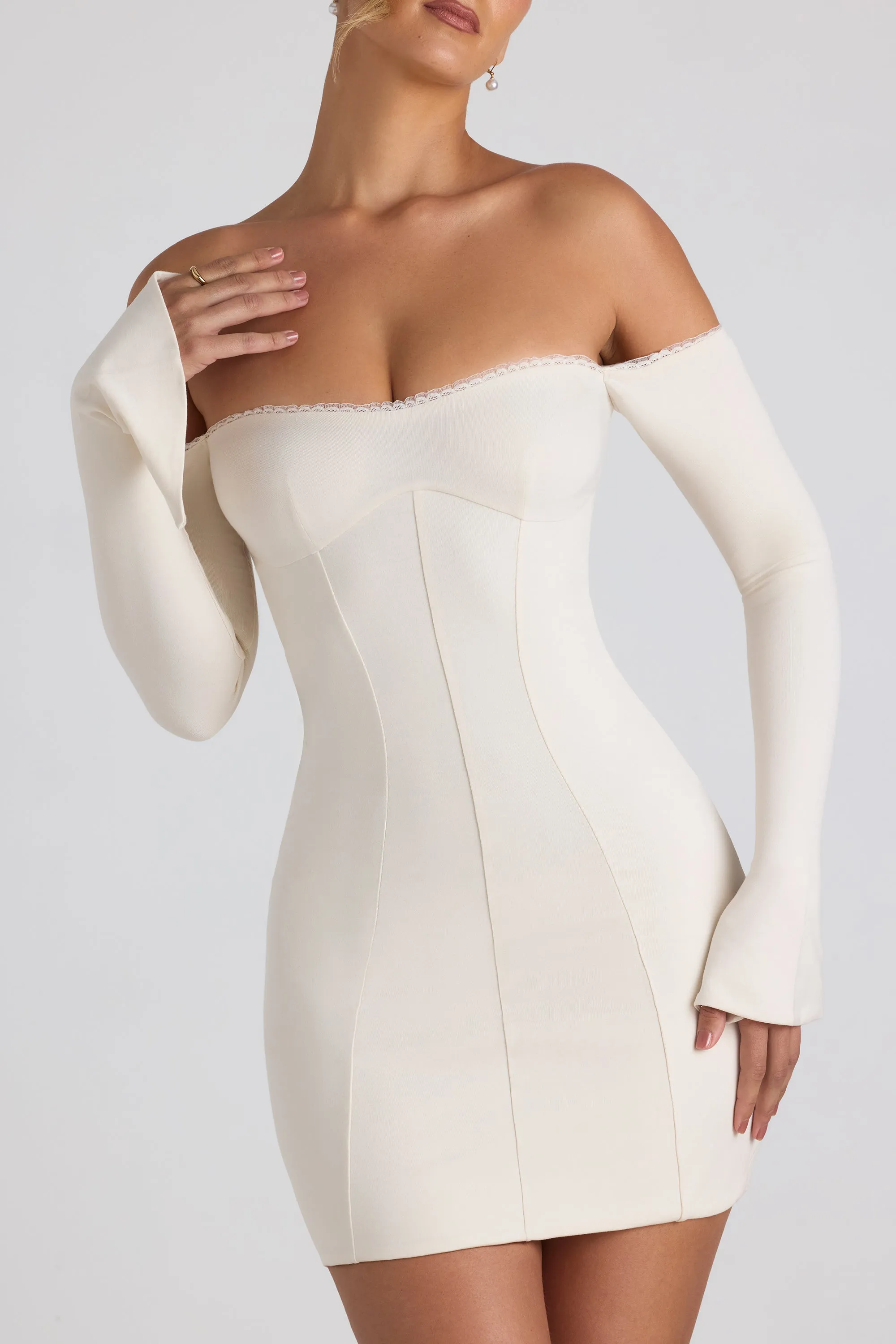 Modal Off-Shoulder Lace-Trim Mini Dress in Ivory Effortless evening attire Reinforced Hemline