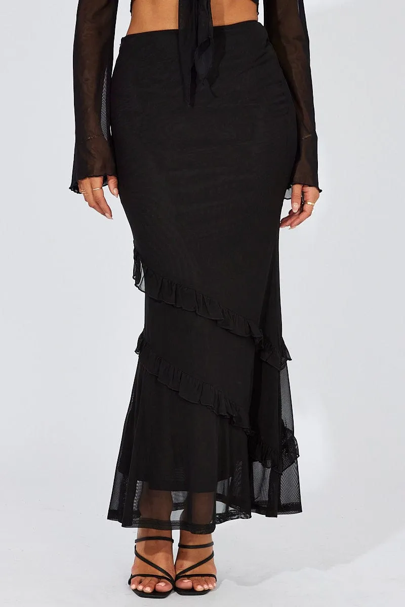 Black Maxi Skirt Mesh Asymmetric Ruffle mix and match