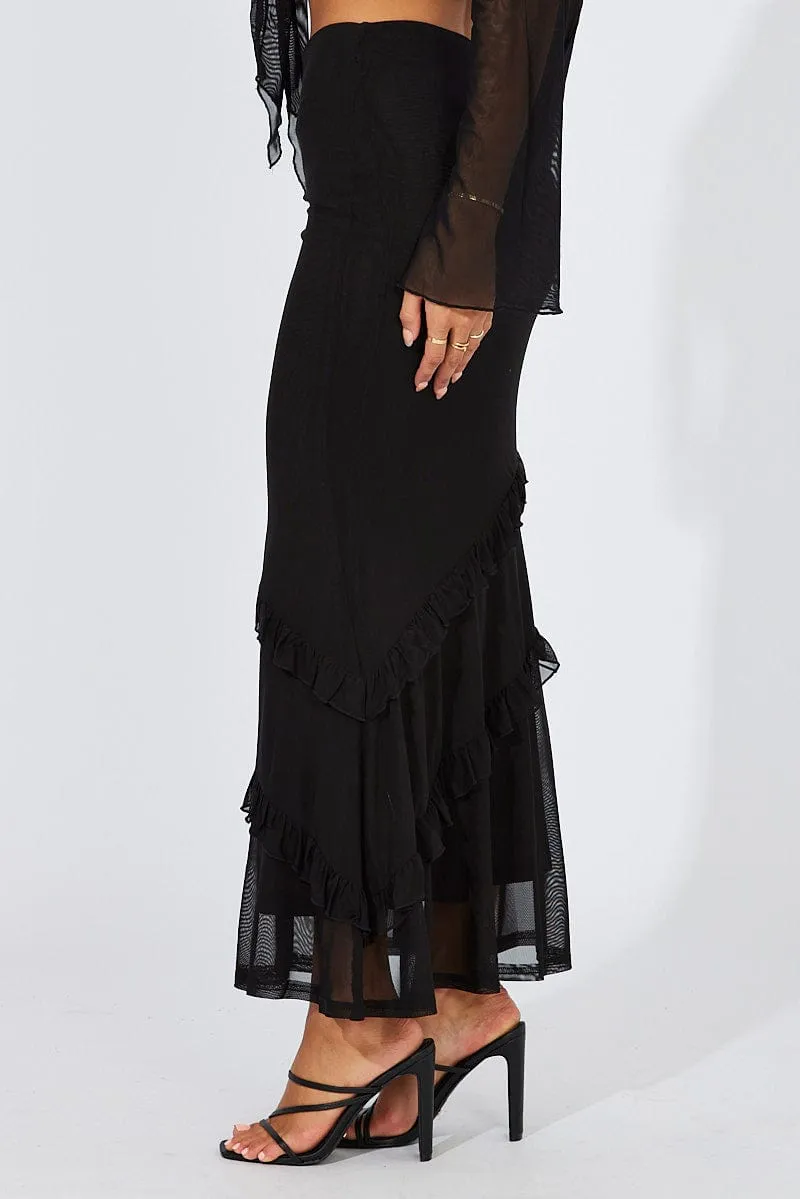 Black Maxi Skirt Mesh Asymmetric Ruffle Adjustable Waist Built In Shorts