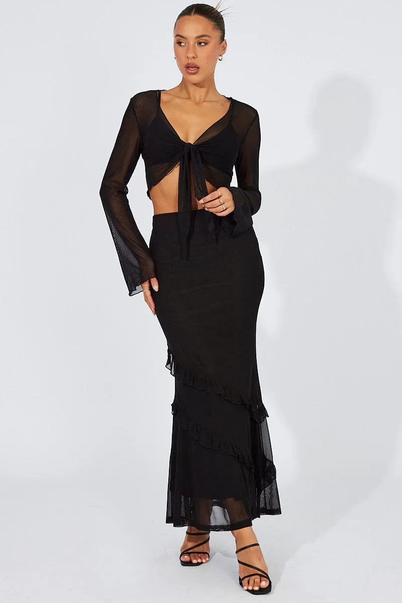 Button Fastenings Black Maxi Skirt Mesh Asymmetric Ruffle