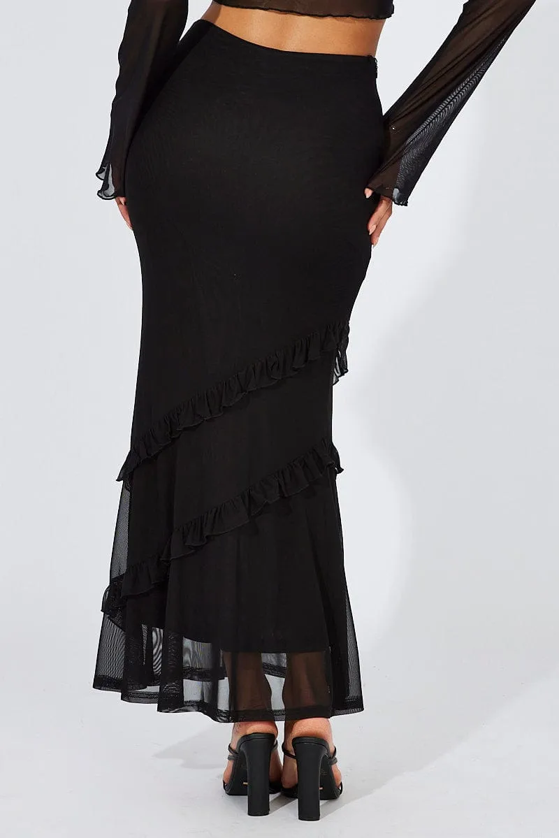 Black Maxi Skirt Mesh Asymmetric Ruffle Synthetic Blend Fresh Fit