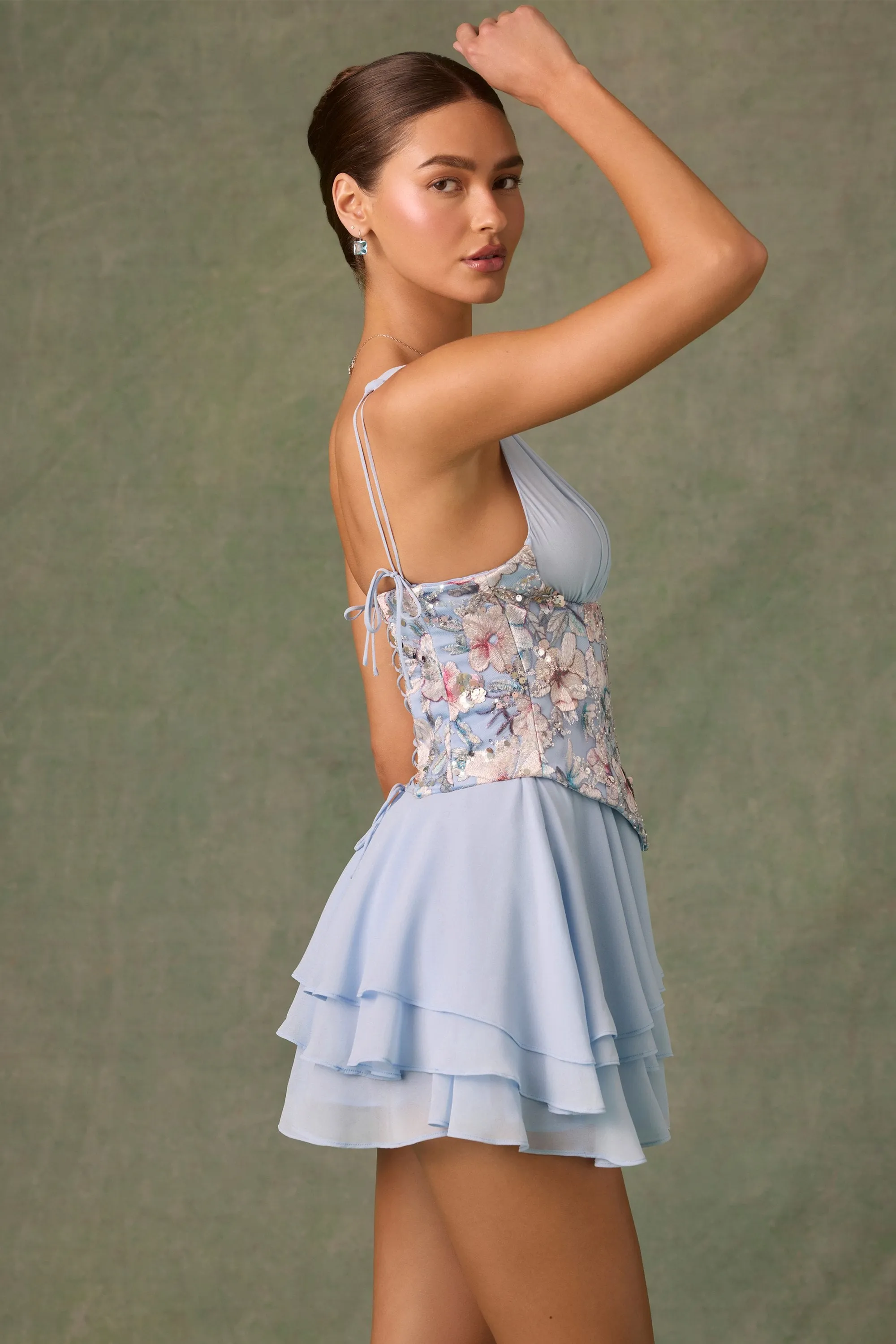 Club Pop Embellished Ruffled Corset Mini Dress in Floral Blue
