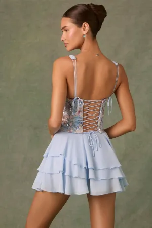 Feminine mini-length gown Stylish Daywear Embellished Ruffled Corset Mini Dress in Floral Blue