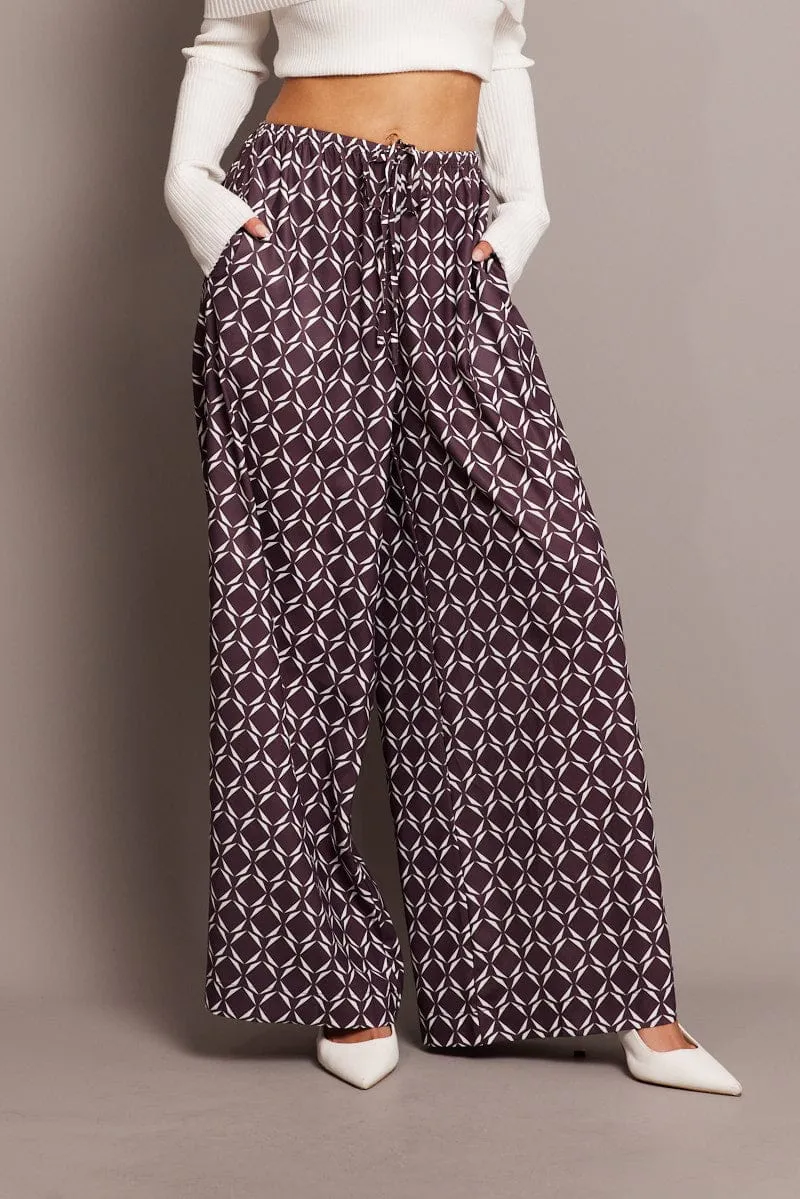 Brown Geo Wide Leg Pants High Rise StretchWaistband