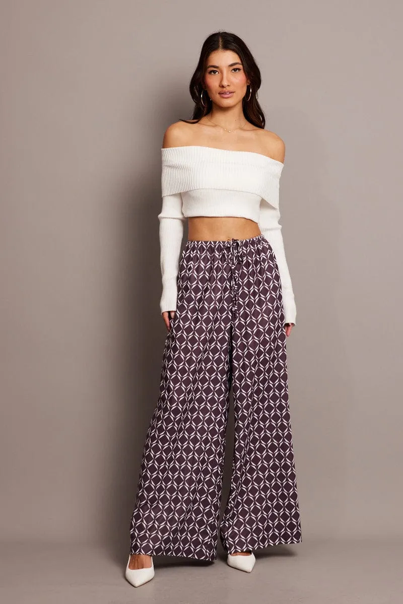 Brown Geo Wide Leg Pants High Rise Water Repellent NonBindingWaistline