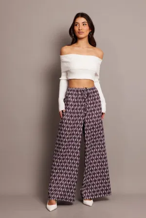 Brown Geo Wide Leg Pants High Rise Trendy Appeal