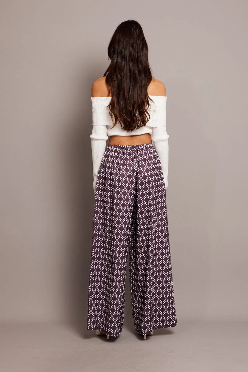Curved Waistline Brown Geo Wide Leg Pants High Rise