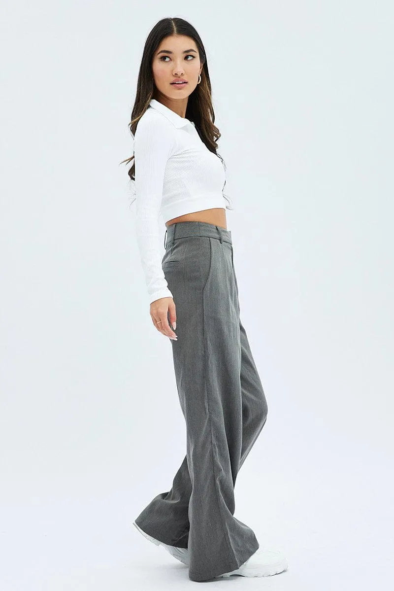 Grey Wide Leg Pants Low Rise Ripped design Detachable belt