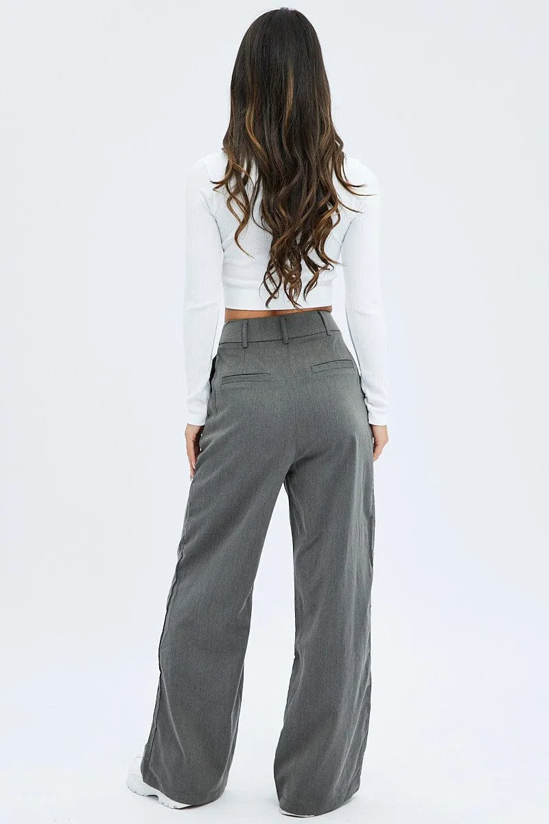 Grey Wide Leg Pants Low Rise Hygienic Coating