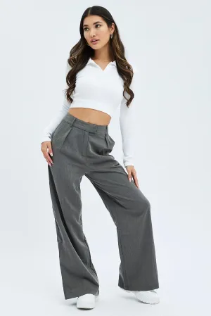 Grey Wide Leg Pants Low Rise Casual Essentials Relaxed Wear