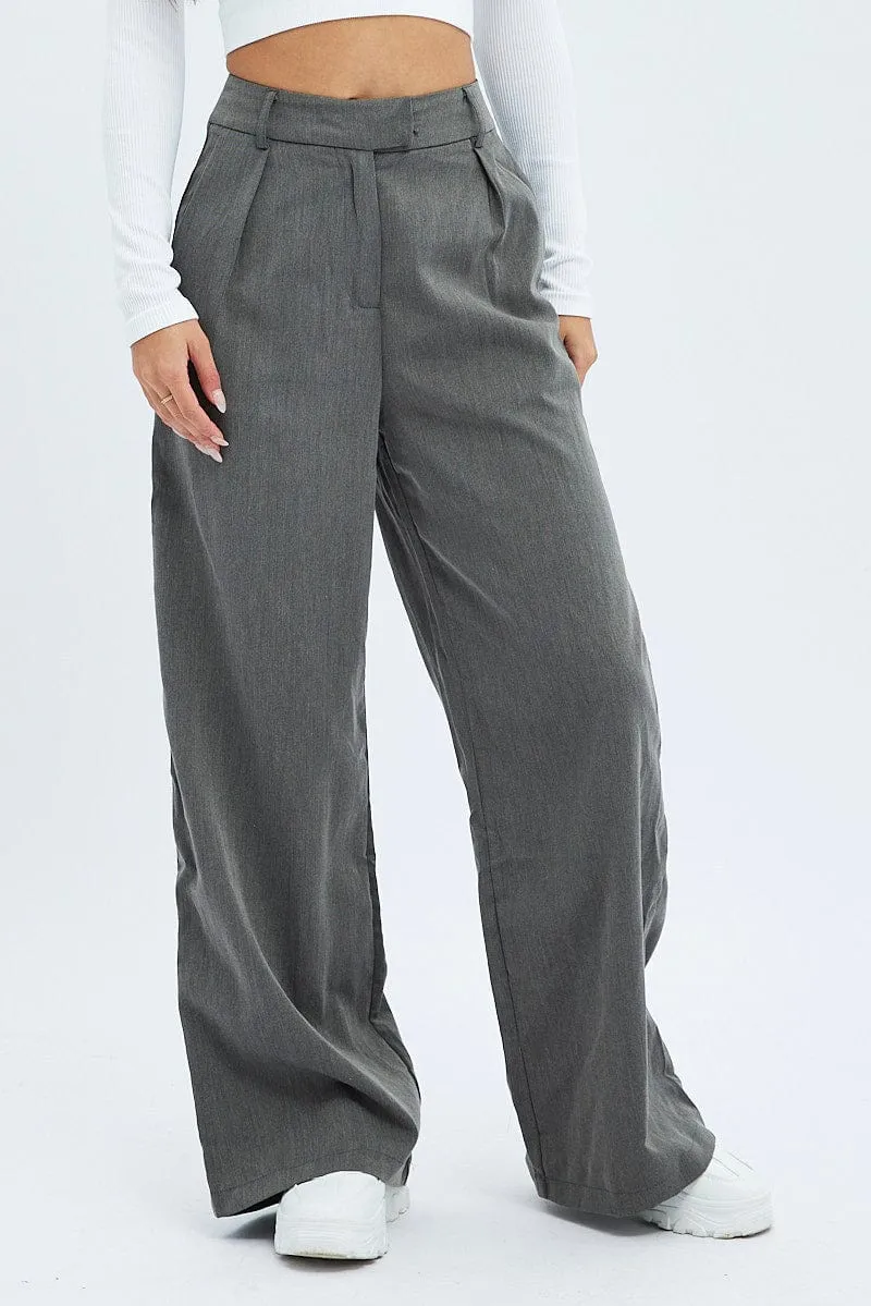 Simple Comfort Grey Wide Leg Pants Low Rise