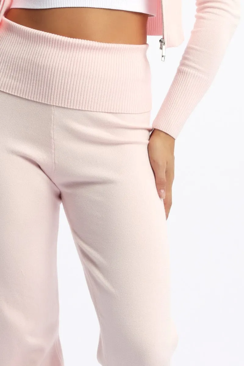 Pink Wide Leg Pants Knit Water Repellent Coating CompressionFitFabric