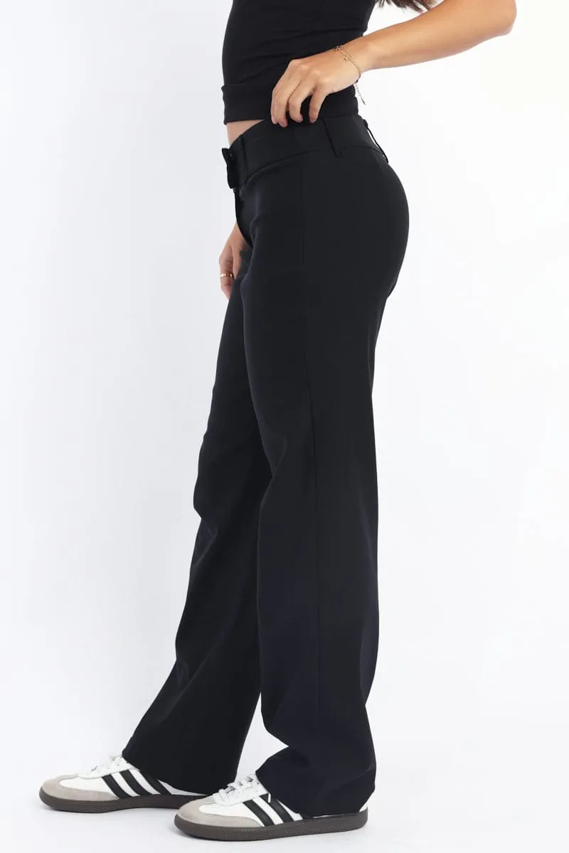 Black Straight Fit Low Rise Pants Sporty Appeal