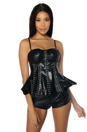 Weight - balanced ESTELLE FAUX LEATHER PEPLUM CORSET TOP
