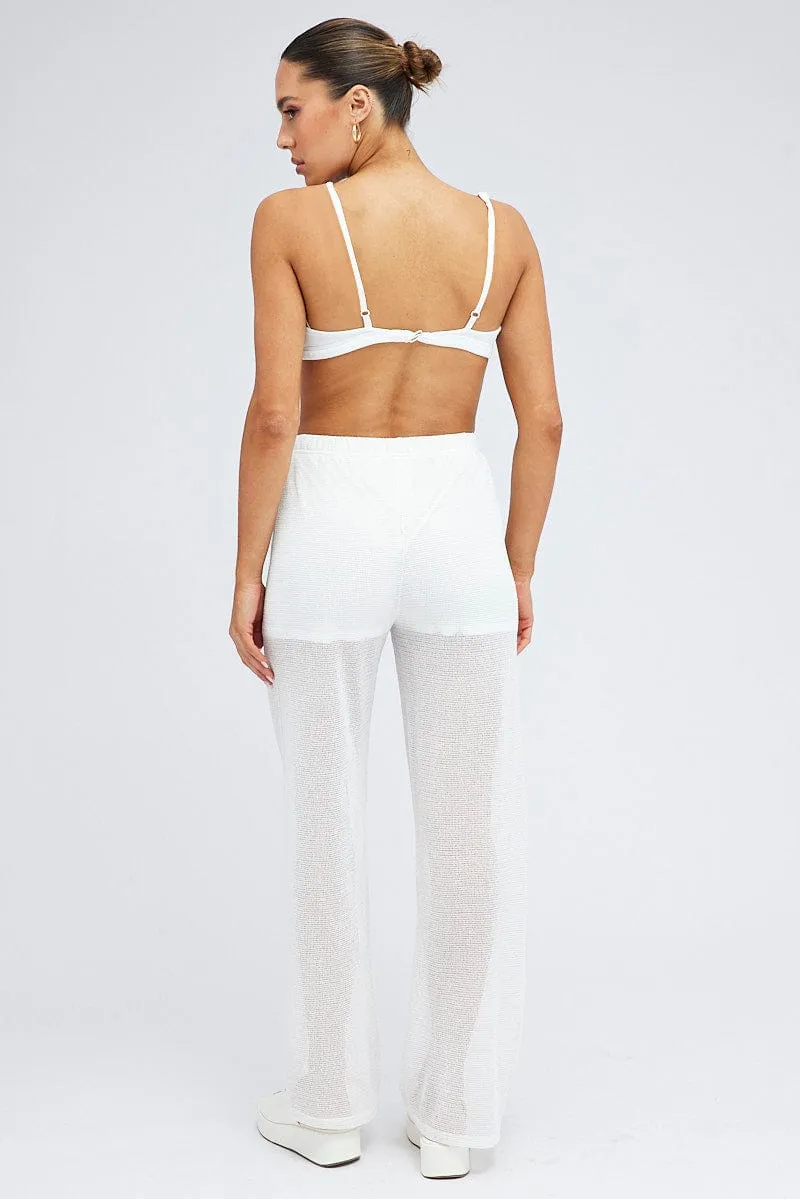 Secure Cuff Design White Wide Leg Pants Elasticated Waist