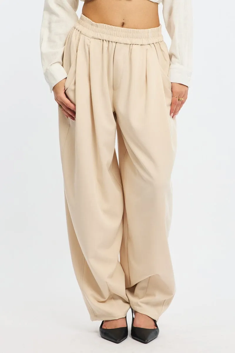 Beige Barrel Leg Pant Elastic Waist Functional Comfort