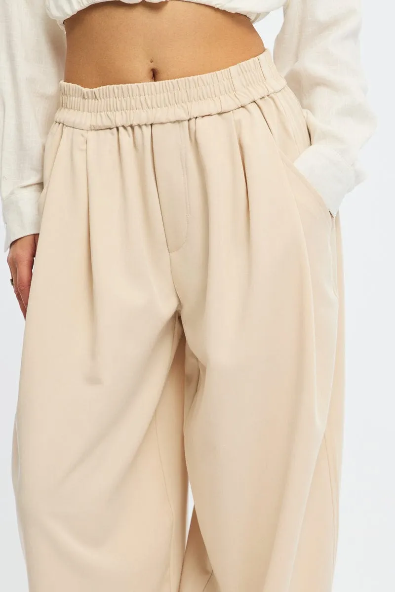 Beige Barrel Leg Pant Elastic Waist Lightweight Feel