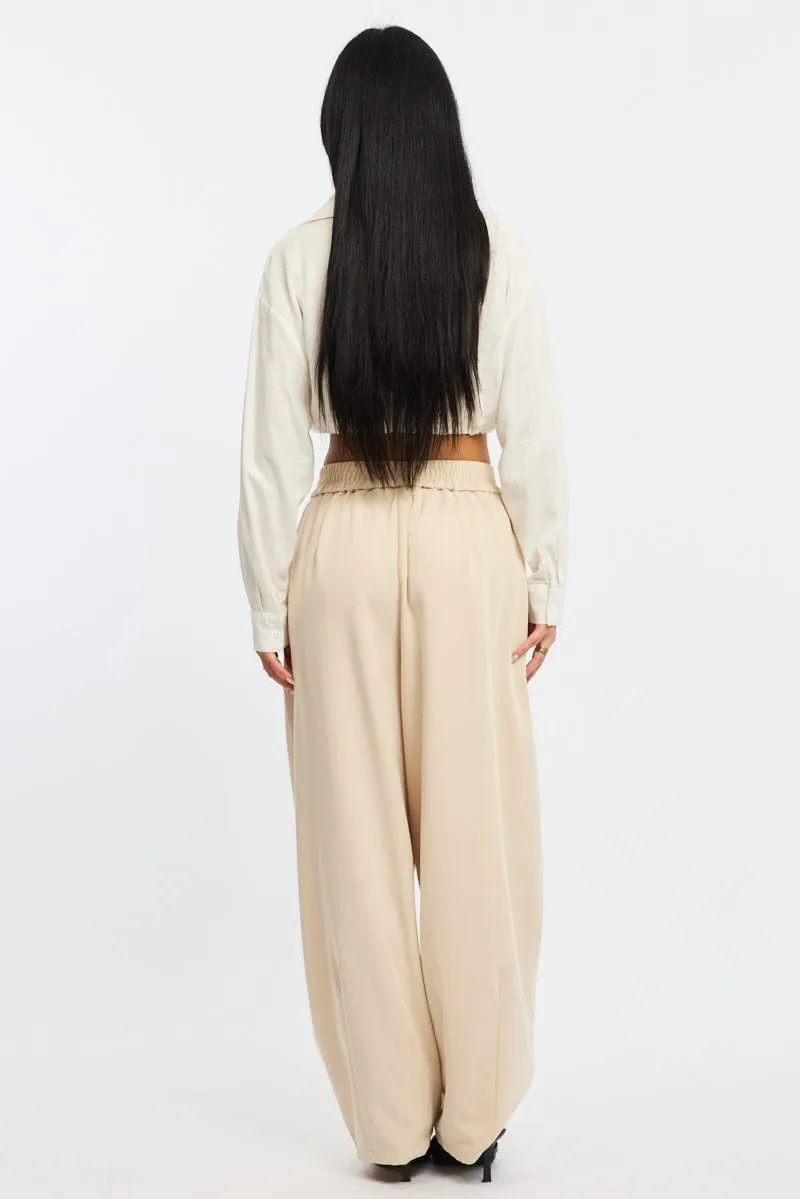 stain guard Beige Barrel Leg Pant Elastic Waist