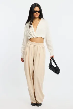 Beige Barrel Leg Pant Elastic Waist Stretchable Wear Durable Seam Construction