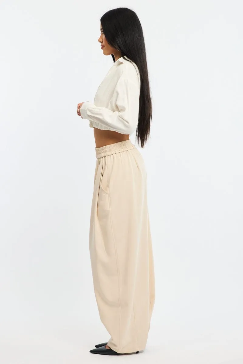 Minimalist Design Beige Barrel Leg Pant Elastic Waist
