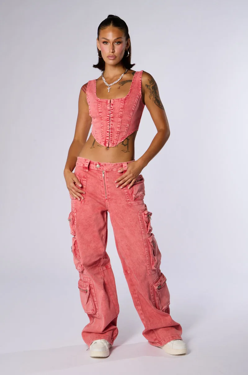 OUT THE MUD ACID WASH DENIM CORSET TOP Adaptive Fit