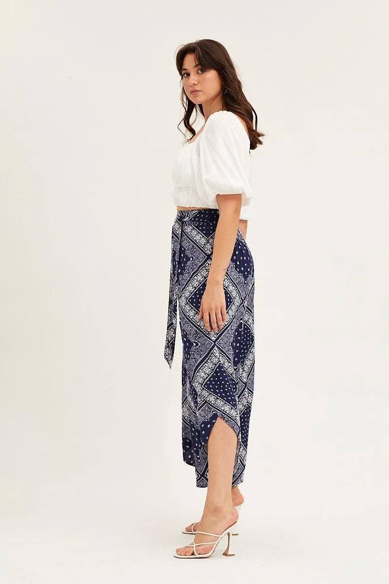 Boho Print High Rise Front Split Wide Leg Pants Lightweight Flex Curved Waistline