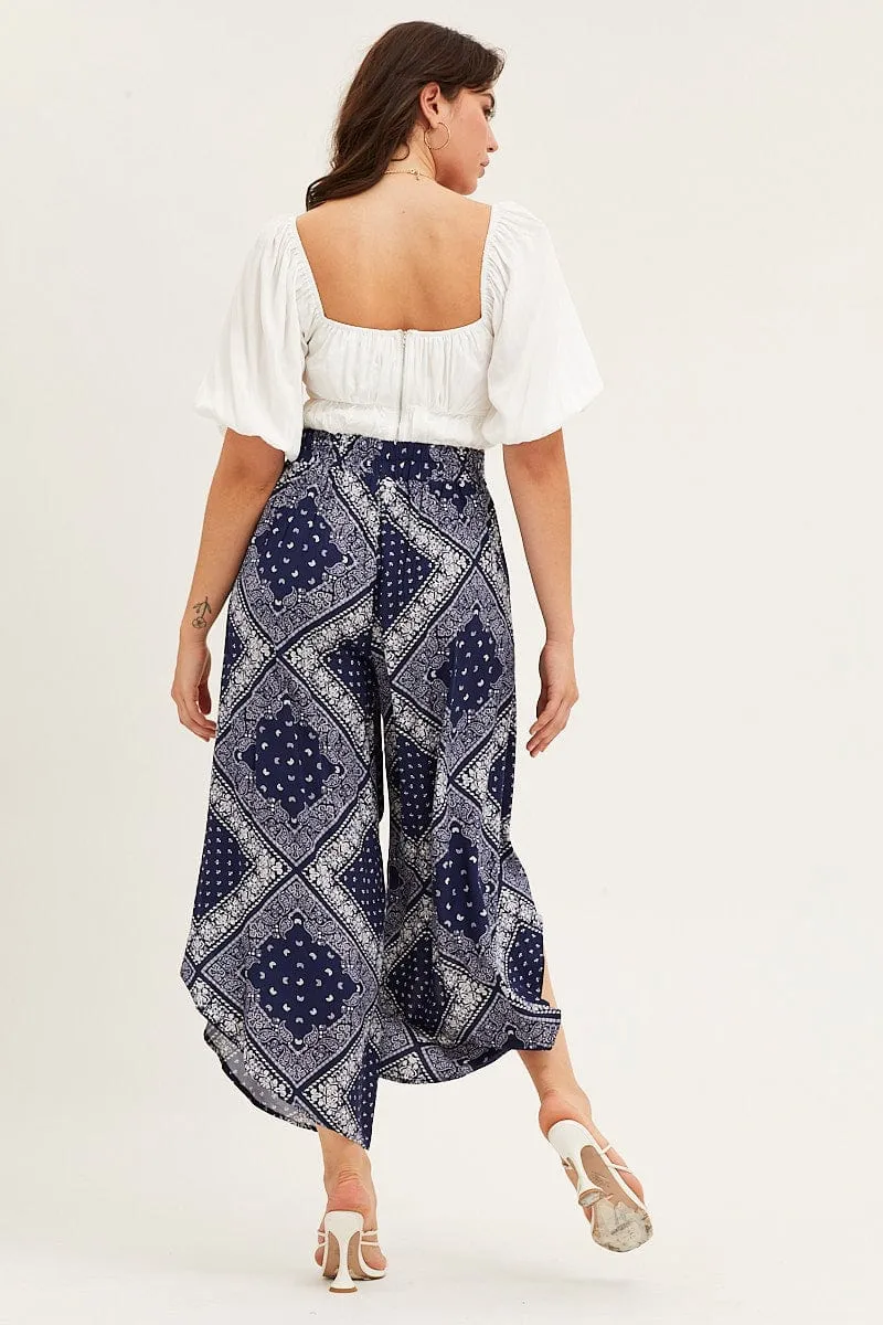 Boho Print High Rise Front Split Wide Leg Pants Classic Fit